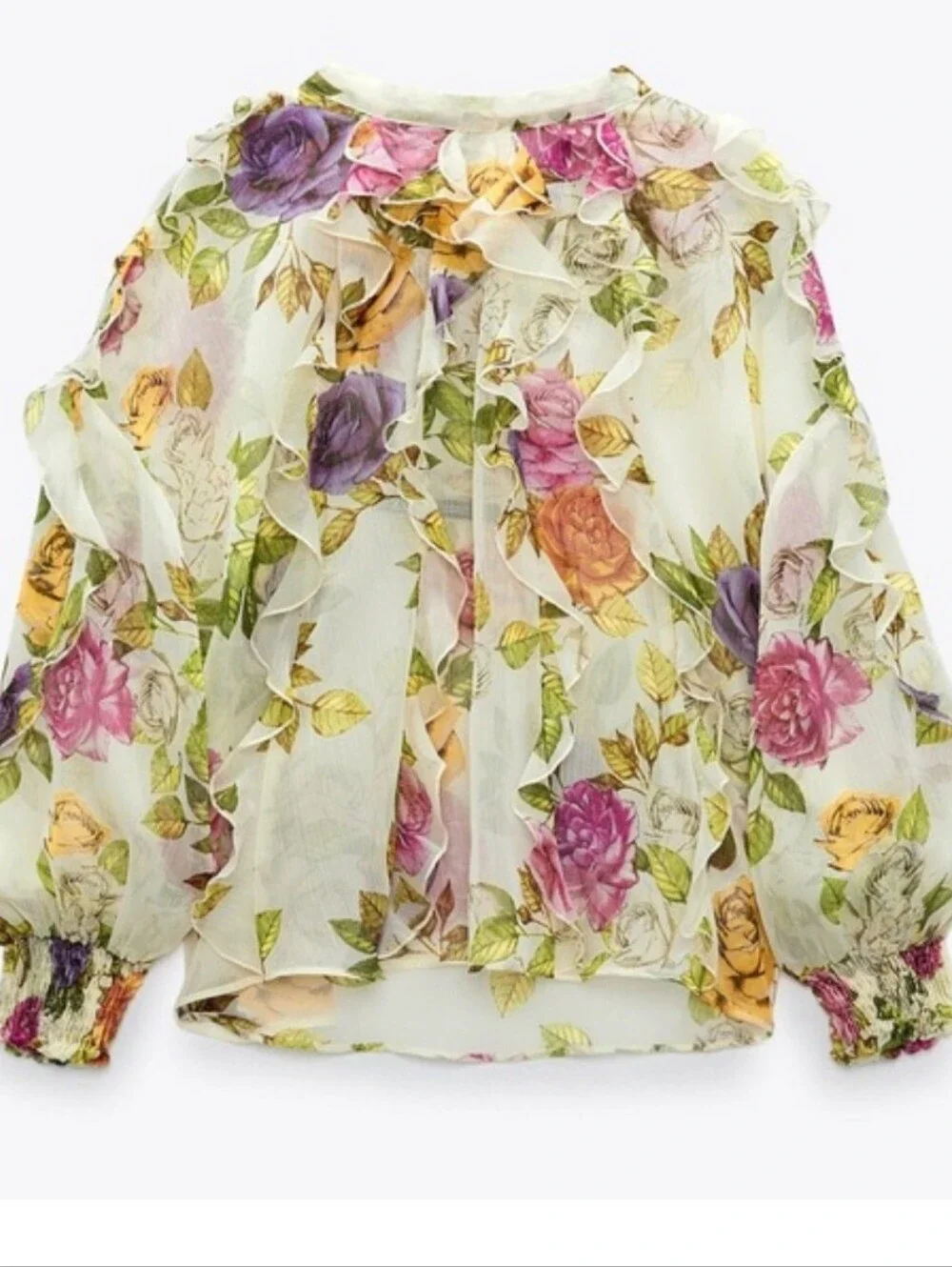 Zara Floral Ruffle Sheer Blouse in White with Pink Purple Yellow Roses XS